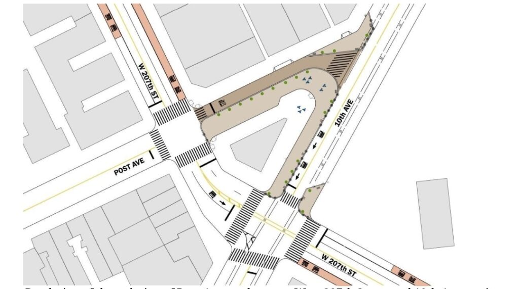 Rendering of the redesign of Post Avenue, between West 207th Street and 10th Avenue, in Inwood. Image Credit - NYC DOT