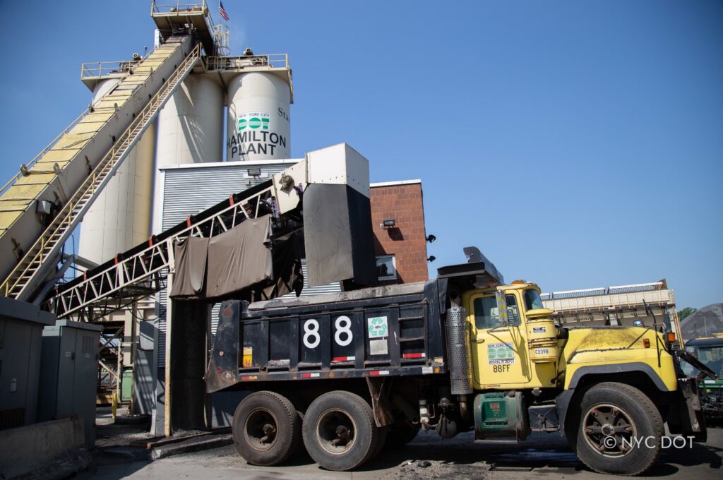 NYC DOT Truck pictured at the Hamilton Asphalt Plant in Brooklyn, New York. Image Credit: NYC DOT